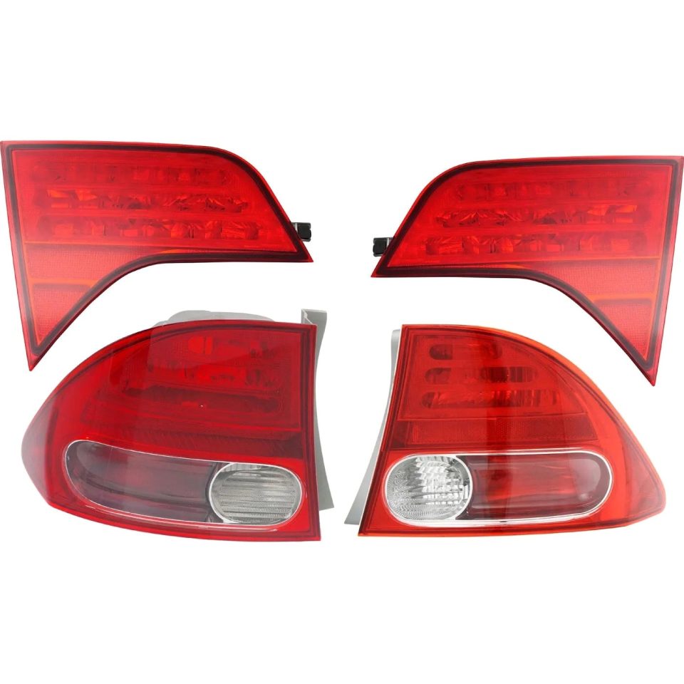 Ceramic Travel Tail Light Set For 2006-2008 Honda Civic LH RH Inner Outer Clear/Red Halogen