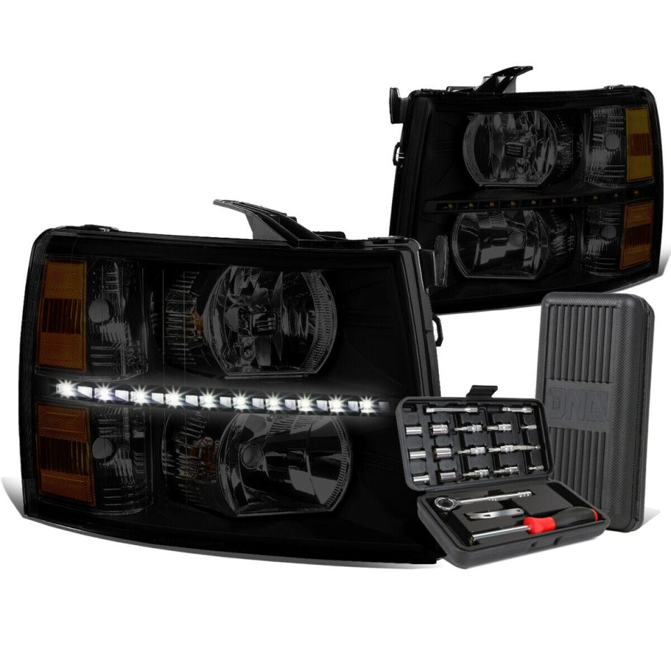 Safe Wooden 2007-2014 Chevy Silverado LED DRL Bar Tinted Amber Side Headlights+Too