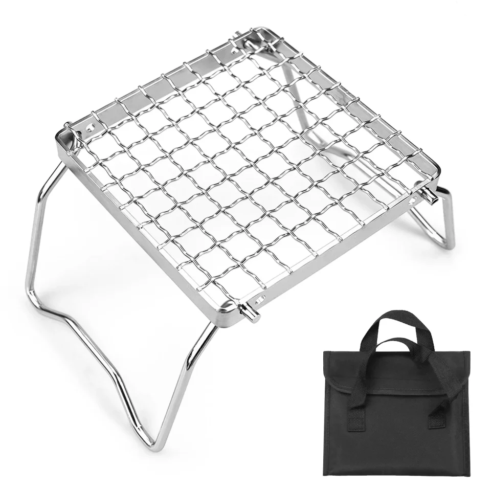 Popular Leak-Proof Stainless Steel Grill Folding Stand Barbecue Grill Camping Pot Holder BBQ Net Ultralight Firewood Bracket Rack BBQ Wire Mesh Baking Roasting Cooling Net Plate for Outdoor Camping Backpacki