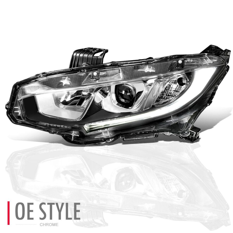 Non-Toxic Baking 2016-2020 Honda Civic LED Tube Driver Side Projector Headlight Lamp Chrome