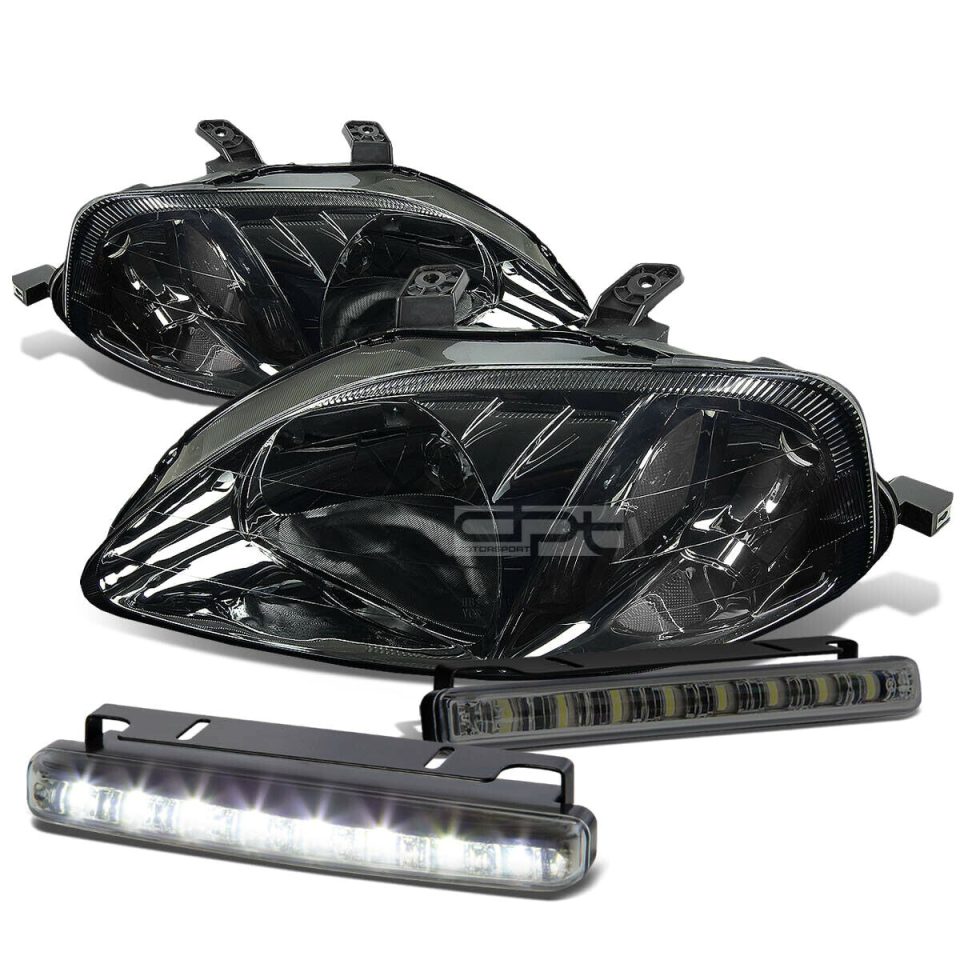 Food-Grade SMOKED HOUSING HEAD+CLEAR CORNER+LED FOG LIGHT KIT 99-00 HONDA CIVIC EK/EJ