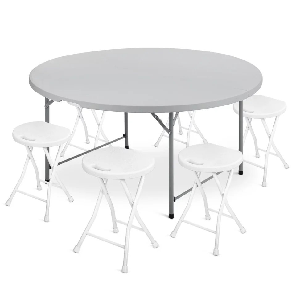 Glossy Magshion 7 Pieces 5 FT Folding Round Table and Chair Set, Indoor Outdoor Party Desk and Foldable Stools with Steel Frame, Grey/White