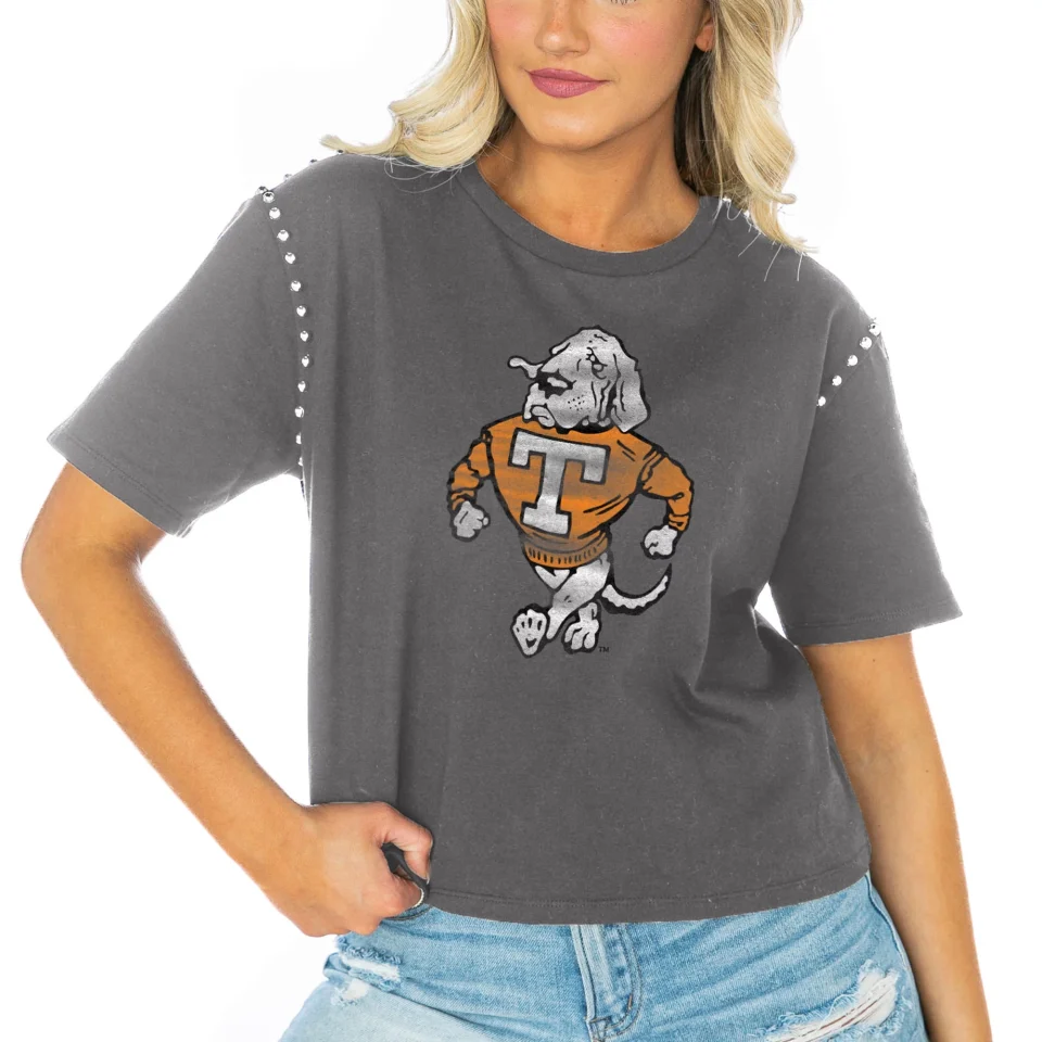 Premium Food-Grade Women's Gameday Couture Gray Tennessee Volunteers Galore Studded Sleeve Crop Top