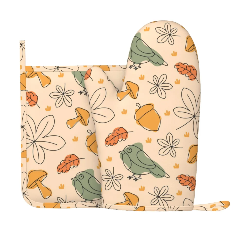 Space-Saving Top-Rated XMXY Oven Mitts and Pot Holders 2 Pcs Sets, Leaf Bird Mushroom Autumn Heat Resistant Silicone Cooking Gloves for Grill Baking BBQ Kitchen Decor