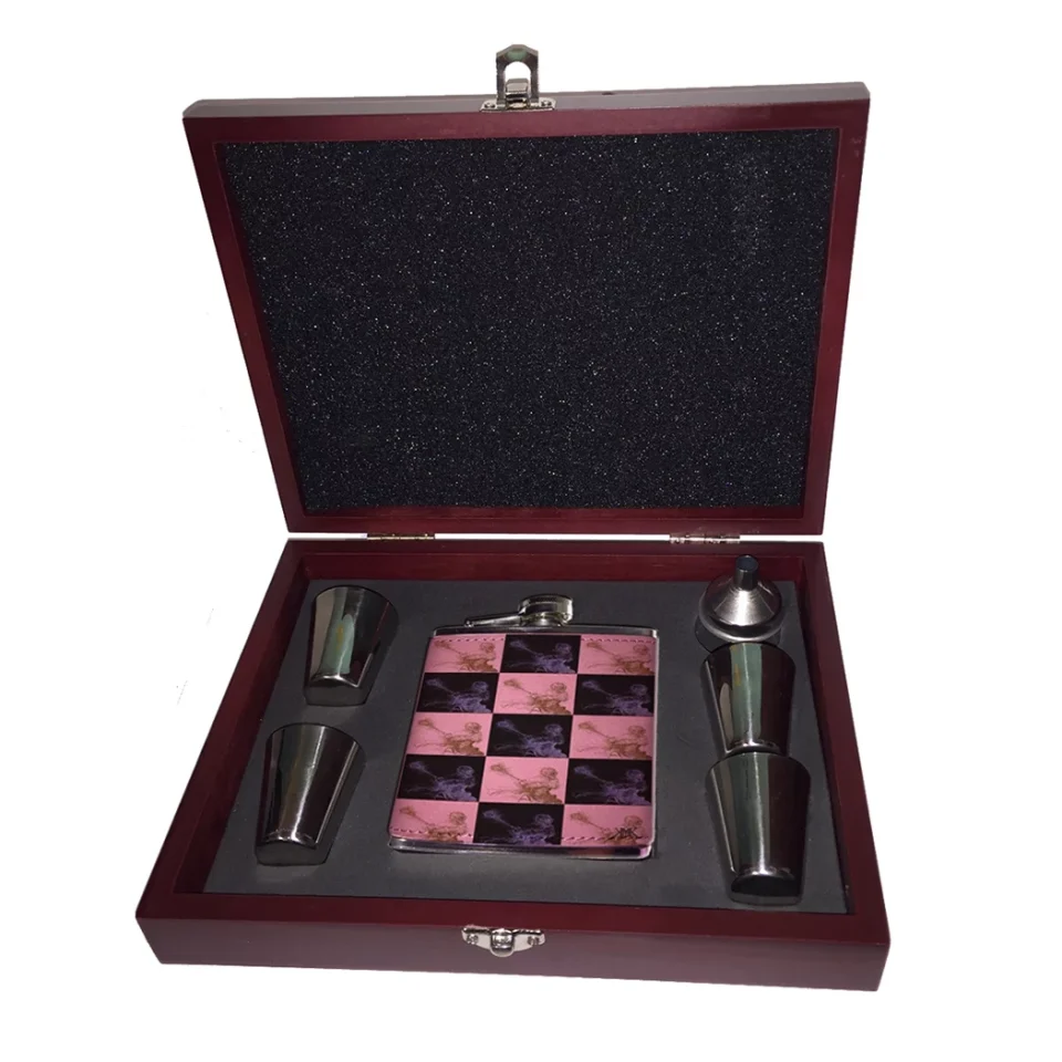 Ultimate Glass KuzmarK Pink Leather Flask Set in Rose Wood Gift Box - Lacrosse Modern Pattern Art