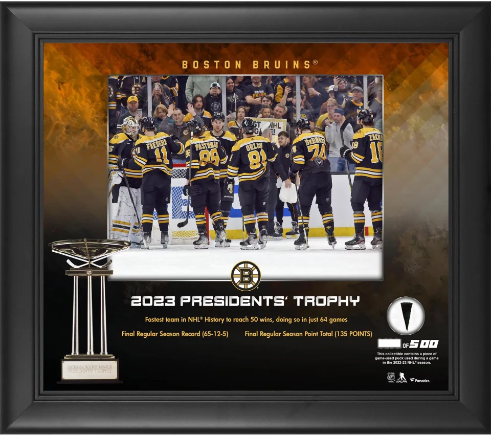 Select Wooden Boston Bruins Framed 15 x 17 2023 Presidents' Trophy Winners Collage with a Piece of Game-Used Puck - Limited Edition #1 of 500 - NHL Auctions Exclusive - Fanatics Authentic Certified