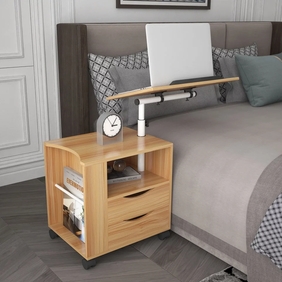 Bamboo Lightweight Maple Wooden Nightstand Height Adjustable Overbed End Table with 2 Drawers and Swivel Casters