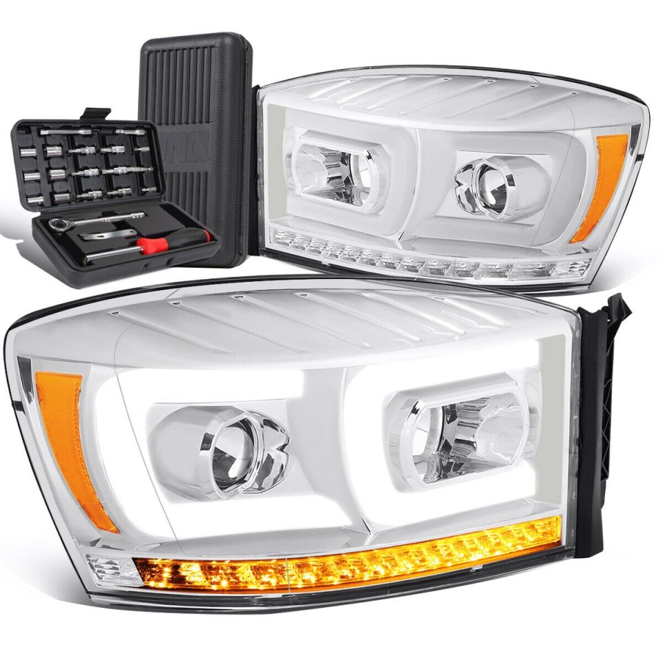 Premium 2006-2009 Ram Truck LED Chasing Projector Headlight+Tool Box Chrome Amber