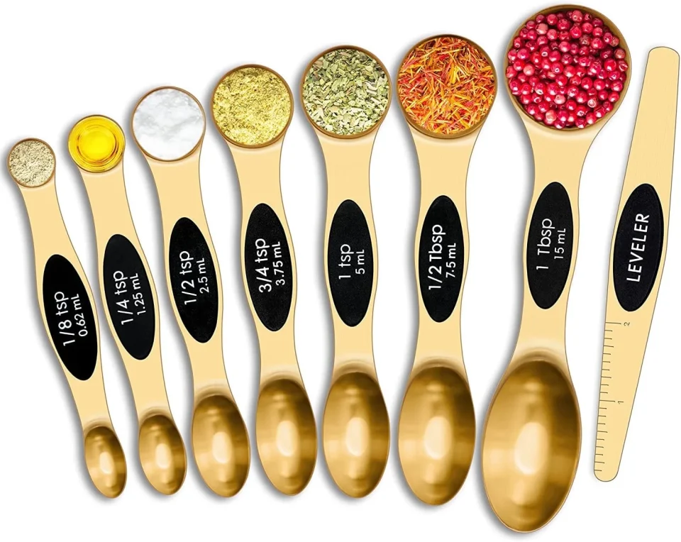 Lightweight Magnetic Measuring Spoons Set Stainless Steel, Dual Sided for Liquid Dry Food, Measuring Cups Spoons Set Fits in Spice Jar, Kitchen Gadgets, Cooking Utensils Set, Including Leveler, Gold