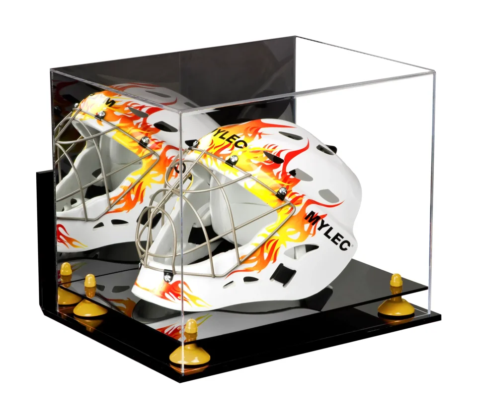 Clear Leak-Proof Acrylic Lacrosse Helmet Display Case with Mirror, Wall Mount and Yellow Risers (A002-YR)