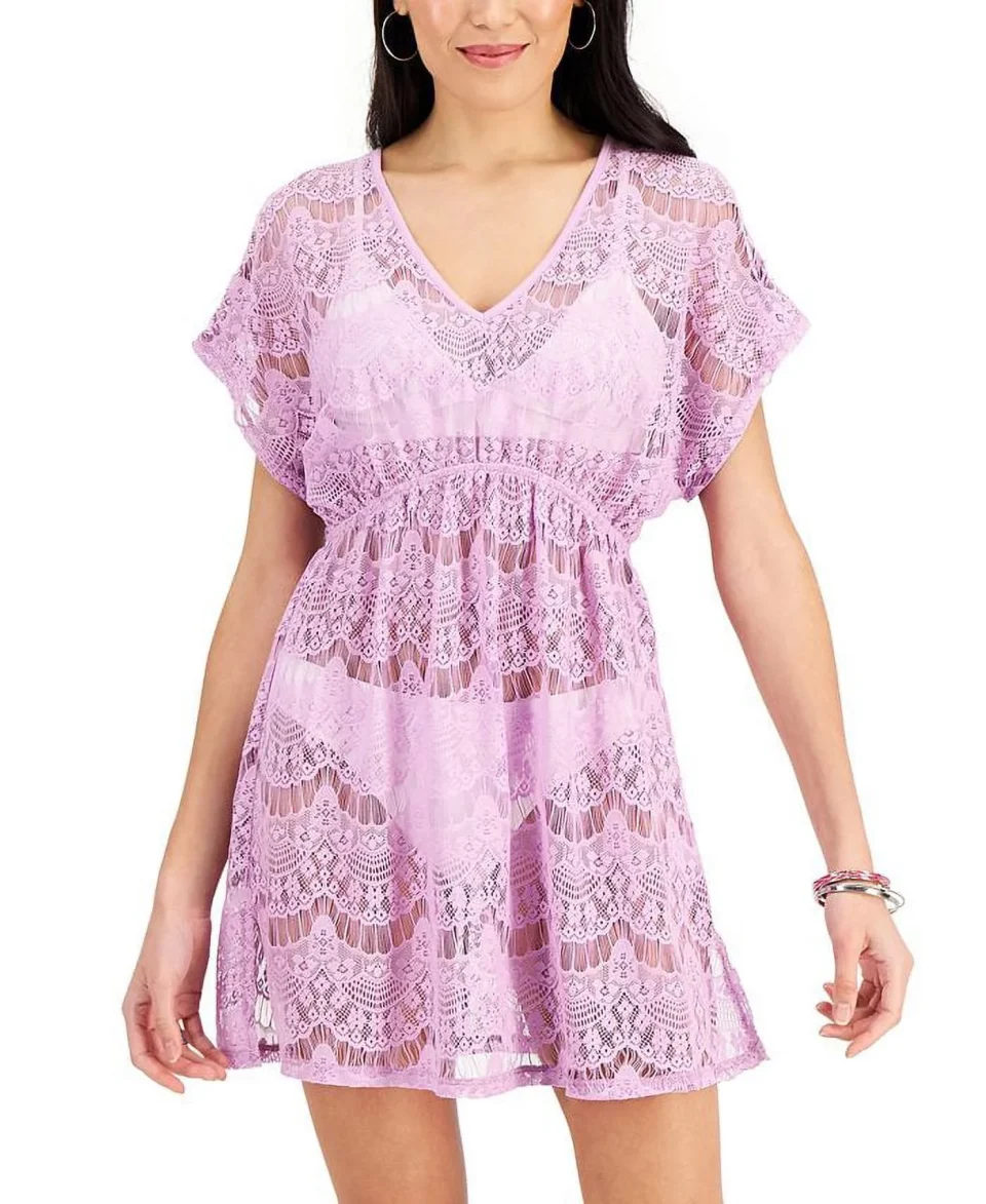 Matte Easy-Clean Miken Junior's Lace Cold Shoulder Swim Cover Up Swimsuit Purple Size Medium