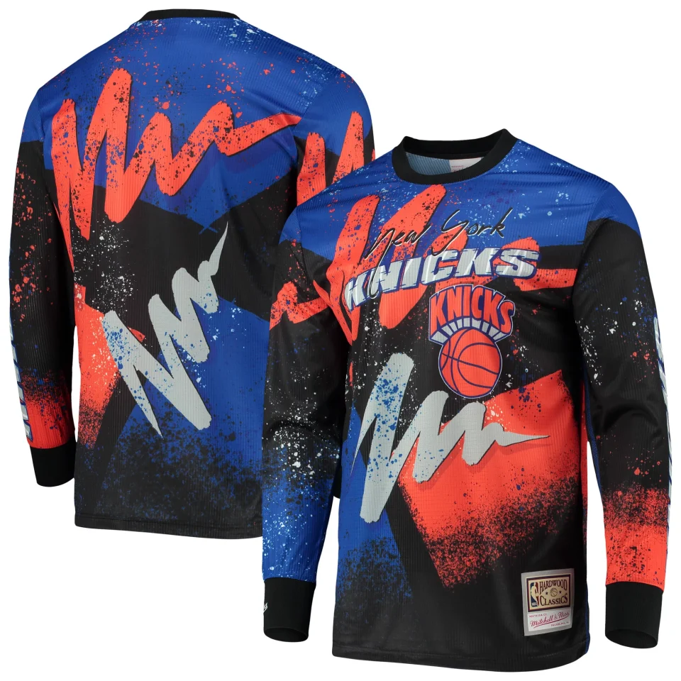 Value Durable Men's Mitchell & Ness Blue New York Knicks Hardwood Classics Hyper Hoops Moto Sublimated Long Sleeve T-Shirt