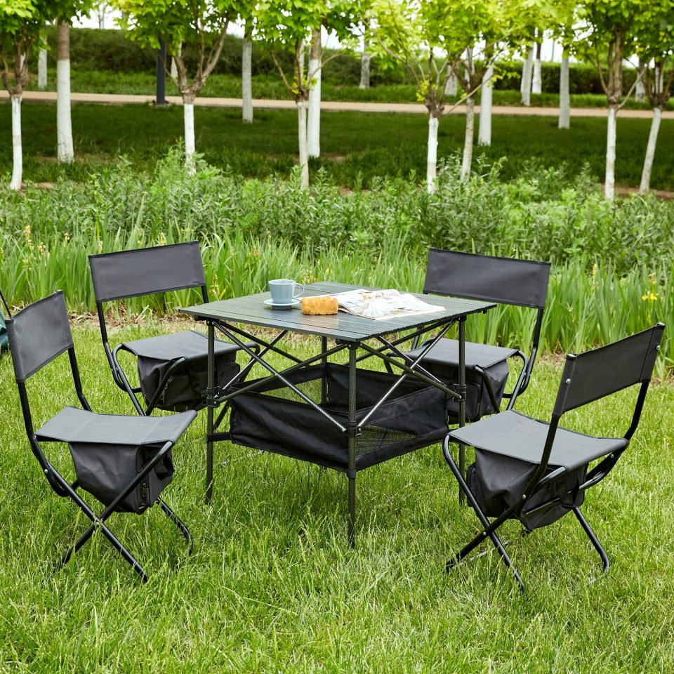 Bamboo Set of 5, Folding Outdoor Table and Chairs Set for Indoor, Outdoor Camping, Picnics, Beach,Backyard, BBQ, Party, Patio, Black/Gray