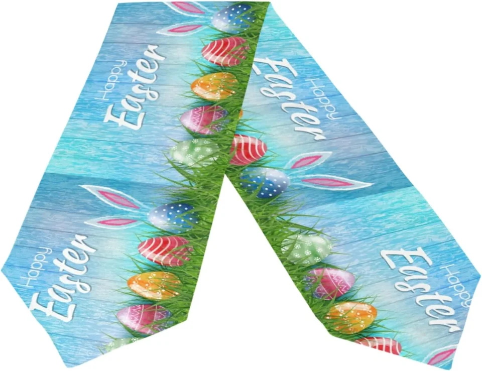 Travel Popular Bestwell Double Sided Wooden Easter Eggs Bunny Long Polyester Table Runner 13 x 70 Inches Table Cloth Cover Placemats for Kitchen Dinning Living Holiday Home Decor