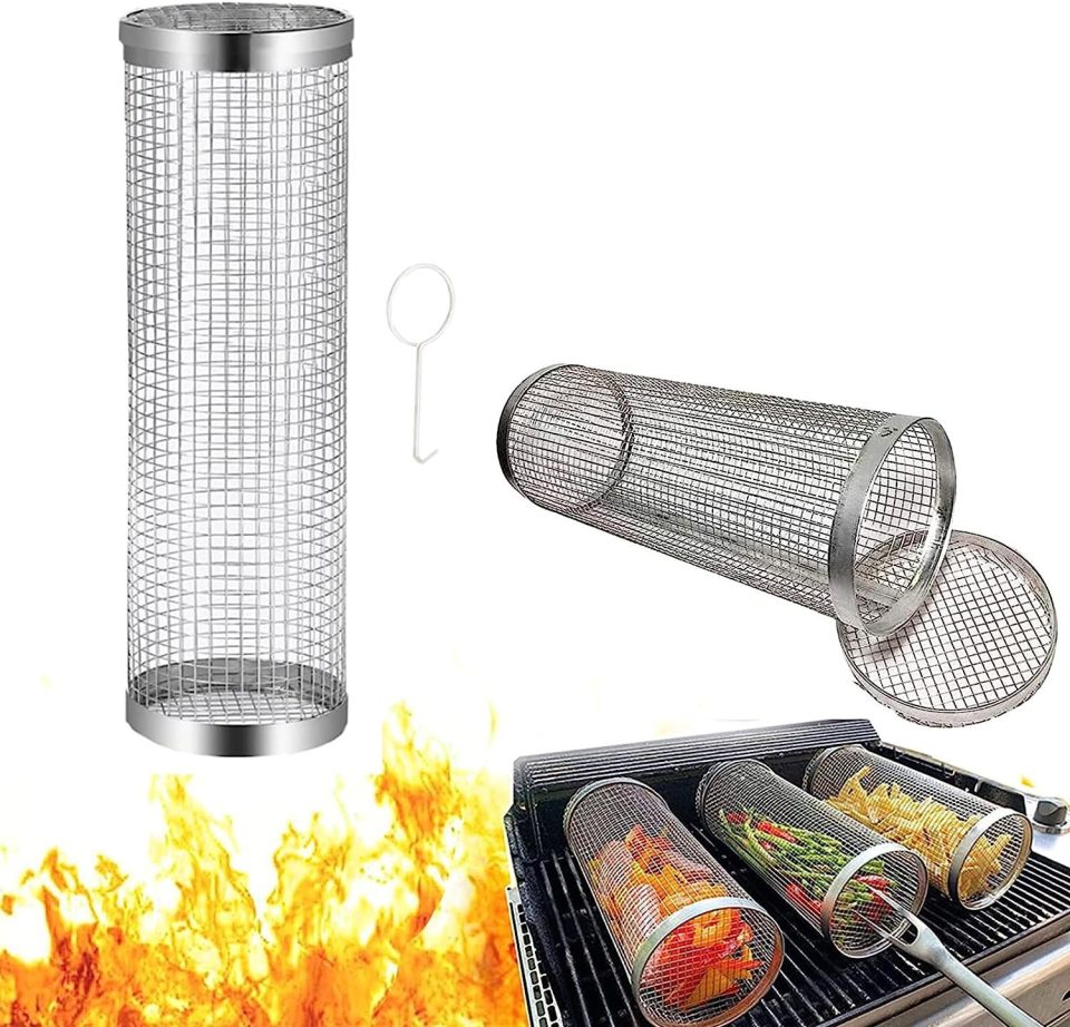 Versatile BBQ Versatile Rolling Grill Basket - Stainless Steel Wire Mesh Cylinder Grilling Rack with Removable Cover, Perfect for Vegetables, French Fries, and More - Portable Outdoor Camping (big 11.8in)