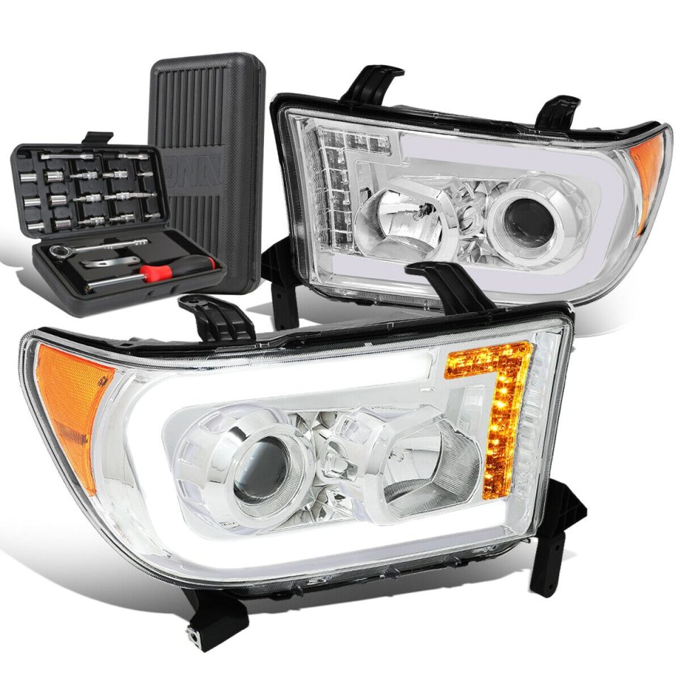 Lightweight Long-Lasting 2007-2017 Tundra LED Turn Signal Chrome/Amber Projector Headlights+Too