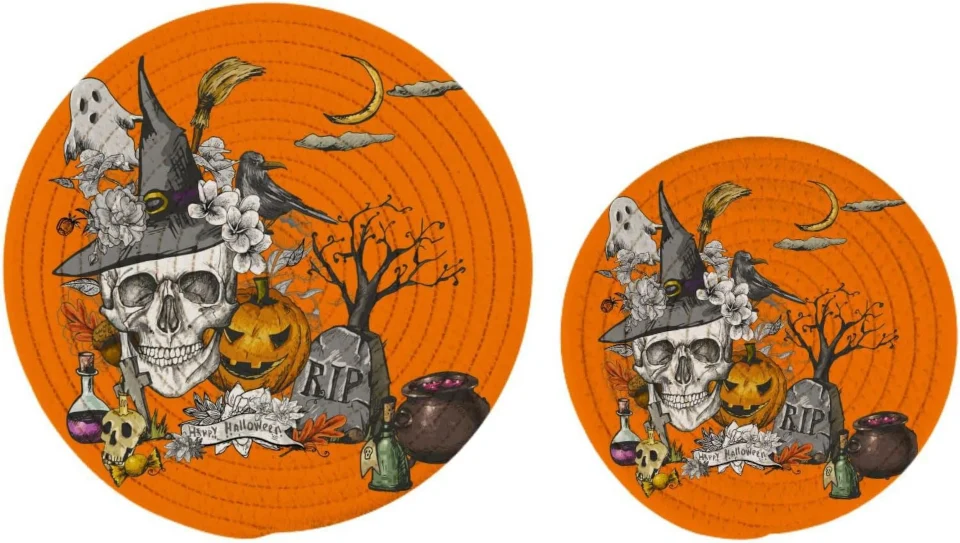 Food-Grade Bestwell 2 Pcs Cotton Vintage Halloween Woven Pot Holder Trivets Set,Round Coasters Placemat for Cooking Baking Hot Dish Pan Pot Bowl Teapot(7&9 Inches)