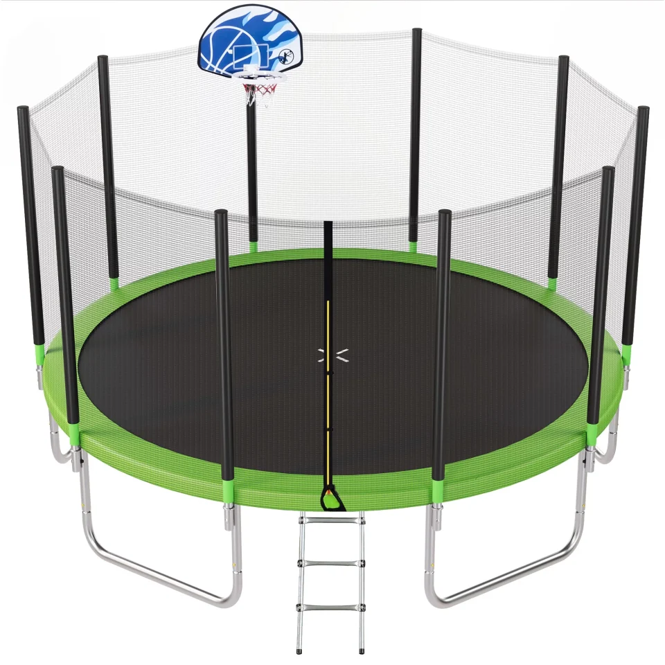 Thickened Space-Saving 15FT Trampoline for Kids with Safety Enclosure Net, Basketball Hoop and Ladder, Easy Assembly Round Outdoor Recreational Trampoline