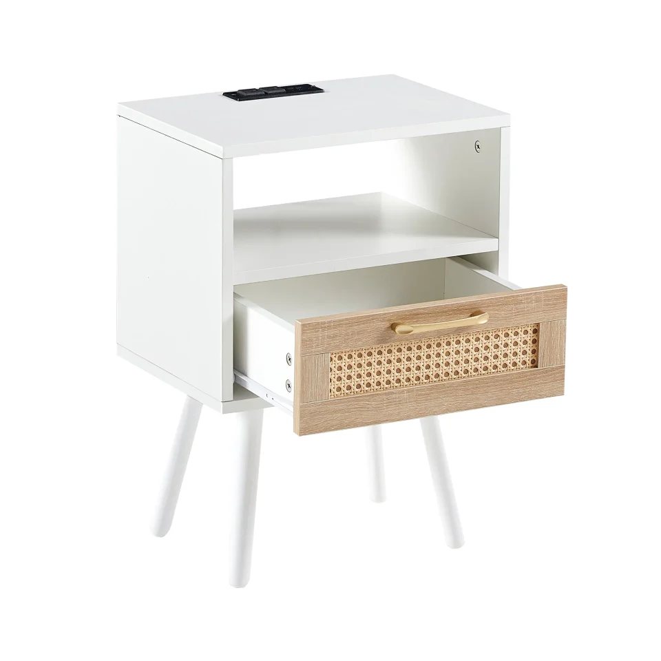Portable paproos Modern Bed Side Table with Power Outlet & USB Ports, Nightstand with a Drawer and One Shelf, Sofa Side Table for Bedroom, White