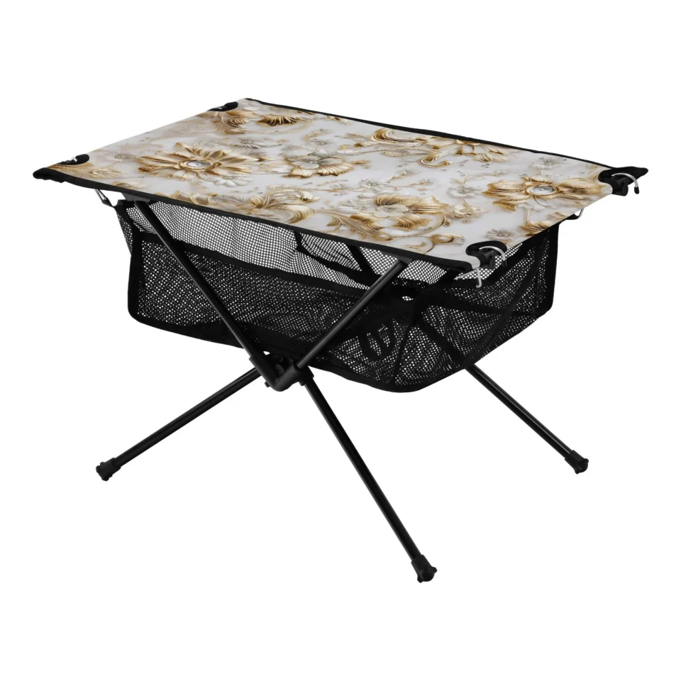 Clear Long-Lasting Golden Flowers Camping Foldable Portable Table Beach Table with Storage Bag Compact Picnic Table for Outdoor Hiking Fishing BBQ