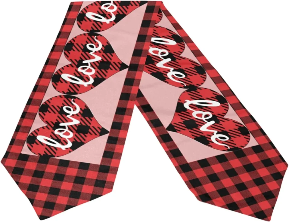 Clear Outdoor Dreamtimes Double Sided Valentine's Day Long Polyester Table Runner 13 x 90 Inches Plaid Hearts Love Table Cloth Cover Placemats for Kitchen Dinning Living Holiday Wedding Party Decor