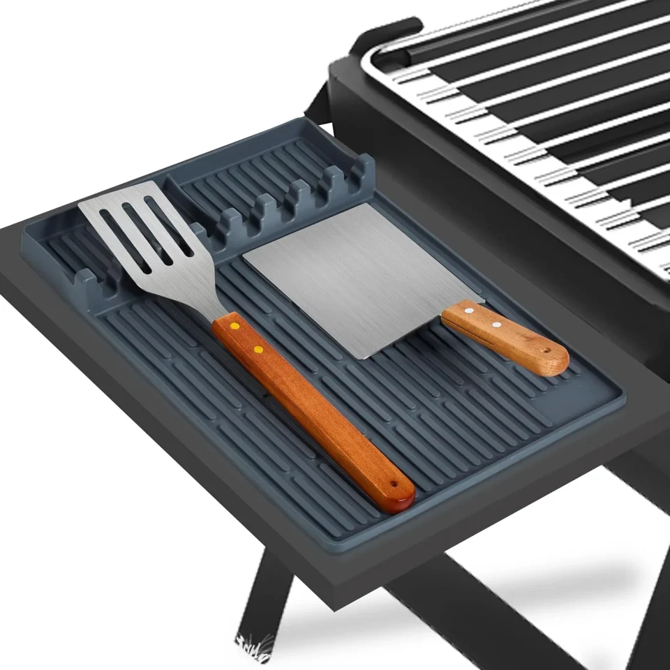 Pure Polished DLD Blackstone Silicone Skillet Tool Mat, Large Silicone Spatula Mat with Drip Pad, Kitchen, Cooking and Countertop Grill Utensil Holder, Blackstone Skillet Accessory (Gray)