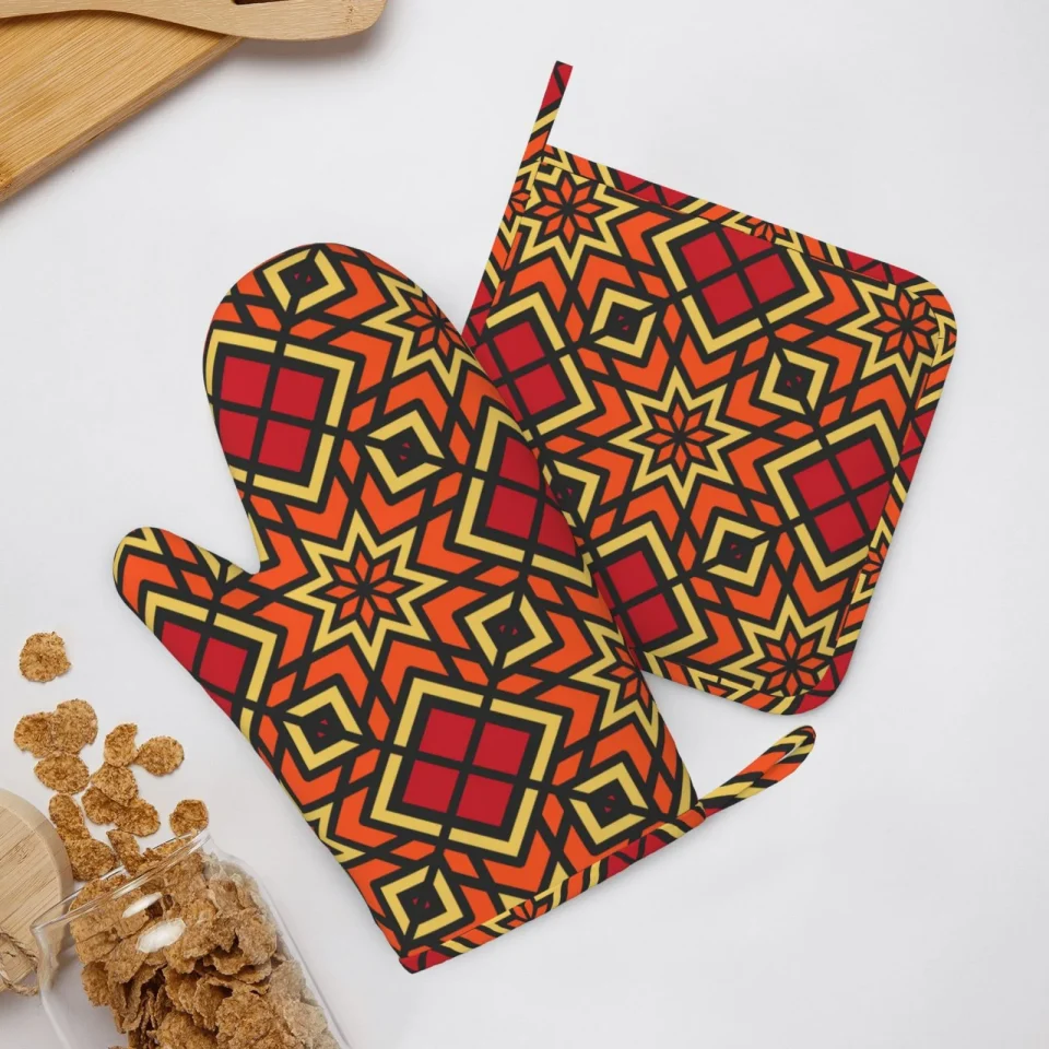 Travel ZNDUO Non-Slip Cooking Oven Gloves, Moroccan Vintage Texture Pattern Oven Mitts and Pot Holders Set